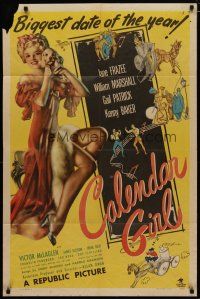 4d164 CALENDAR GIRL 1sh '47 sexiest full-length image of Jane Frazee in negligee holding puppy!