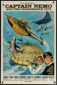 4d173 CAPTAIN NEMO & THE UNDERWATER CITY 1sh '70 artwork of cast, scuba divers & cool ship!