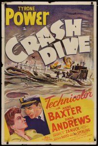 4d231 CRASH DIVE int'l 1sh '43 art of sailors Tyrone Power & Dana Andrews on submarine!