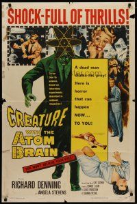 4d232 CREATURE WITH THE ATOM BRAIN 1sh '55 cool sci-fi art of dead man stalking his prey!