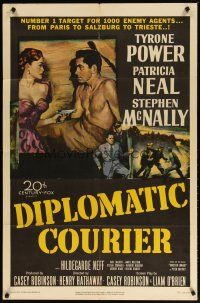 4d282 DIPLOMATIC COURIER 1sh '52 art of Patricia Neal pulling a gun on shirtless Tyrone Power!