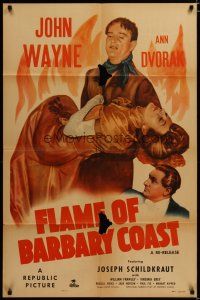 4d351 FLAME OF BARBARY COAST 1sh R50 John Wayne carries unconscious Ann Dvorak from fire!