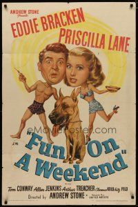 4d379 FUN ON A WEEKEND 1sh '47 wacky art of Eddie Bracken, Priscilla Lane, & Great Dane!