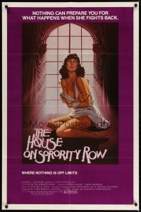 4d466 HOUSE ON SORORITY ROW 1sh '82 sexy artwork of barely clothed girl holding herself by window!
