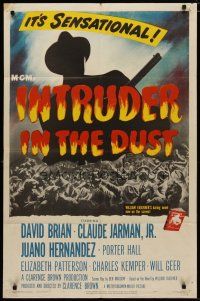 4d489 INTRUDER IN THE DUST 1sh '49 William Faulkner, silhouette of man with rifle over huge crowd!