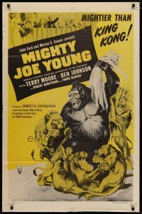 4d618 MIGHTY JOE YOUNG 1sh R57 first Ray Harryhausen, great art of ape rescuing girl from lions!
