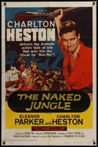 4d646 NAKED JUNGLE 1sh R60 huge image of Charlton Heston with rifle, Eleanor Parker, George Pal!
