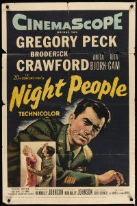 4d662 NIGHT PEOPLE 1sh '54 great close up of military soldier Gregory Peck in uniform!