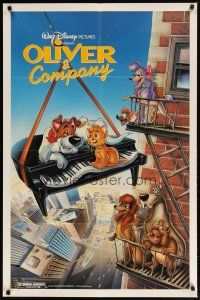 4d672 OLIVER & COMPANY 1sh '88 great image of Walt Disney cats & dogs in New York City!