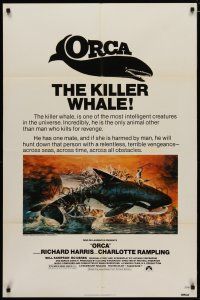 4d679 ORCA 1sh '77 wild artwork of attacking Killer Whale by John Berkey, it kills for revenge!