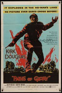 4d691 PATHS OF GLORY 1sh '58 Stanley Kubrick, great artwork of Kirk Douglas in WWI!