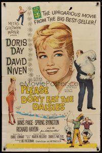 4d700 PLEASE DON'T EAT THE DAISIES 1sh '60 artwork of pretty smiling Doris Day, David Niven w/dog!