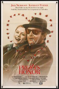 4d710 PRIZZI'S HONOR 1sh '85 cool art of smoking Jack Nicholson & Kathleen Turner w/bullet holes!