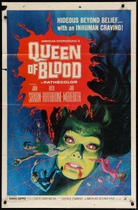 4d717 QUEEN OF BLOOD 1sh '66 Basil Rathbone, cool art of female monster & victims in her web!