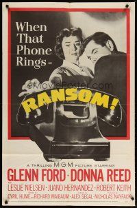 4d723 RANSOM 1sh '56 great image of Glenn Ford & Donna Reed waiting for call from kidnapper!c