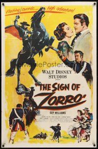 4d776 SIGN OF ZORRO 1sh '60 Walt Disney, cool art of masked hero Guy Williams on horseback!