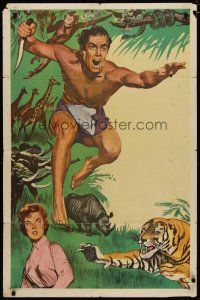 4d860 TARZAN 1sh '60s cool artwork of generic Tarzan in loincloth w/dressed Jane!