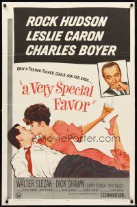 4d934 VERY SPECIAL FAVOR 1sh '65 Charles Boyer, Rock Hudson tries to unwind sexy Leslie Caron!