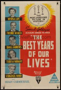 4e702 BEST YEARS OF OUR LIVES Aust 1sh R54 William Wyler, Myrna Loy, Mayo, different!