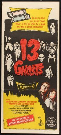 4e789 13 GHOSTS Aust daybill '60 William Castle, spooky art, cool horror in ILLUSION-O!