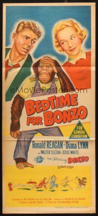 4e807 BEDTIME FOR BONZO Aust daybill '51 Ronald Reagan & Diana Lynn, art of chimpanzee!