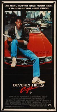 4e812 BEVERLY HILLS COP Aust daybill '85 great image of cop Eddie Murphy sitting on Mercedes!