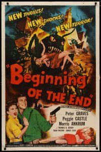 4f155 BEGINNING OF THE END 1sh '57 Peter Graves & pretty Peggie Castle, giant grasshopper sci-fi!