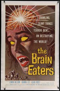 4f237 BRAIN EATERS linen 1sh '58 AIP, classic horror art of girl's brain exploding!