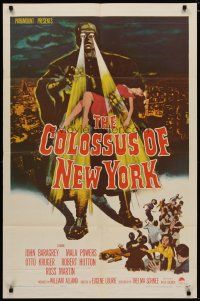 4f239 COLOSSUS OF NEW YORK 1sh '58 great art of robot monster holding sexy girl & attacking!