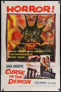 4f181 NIGHT OF THE DEMON linen 1sh '57 Jacques Tourneur, artwork of the wackiest monster from Hell!