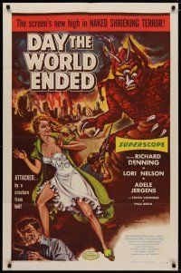 4f120 DAY THE WORLD ENDED 1sh '56 Roger Corman, art of sexy girl attacked by monster from Hell!