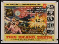 4f070 THIS ISLAND EARTH linen 1/2sh '55 challenging furies of an outlaw planet gone mad, cool art!
