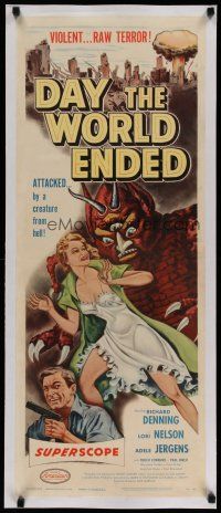 4f122 DAY THE WORLD ENDED linen insert '56 Kallis art of sexy girl attacked by monster from Hell!
