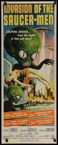 4f143 INVASION OF THE SAUCER MEN insert '57 classic Kallis art of cabbage head aliens & sexy girl!