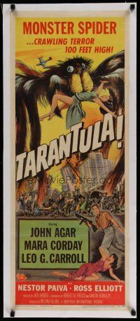 4f065 TARANTULA linen insert '55 Jack Arnold, art of town running from 100 ft high spider monster!