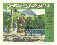 4f036 CREATURE FROM THE BLACK LAGOON LC #7 '54 Julia Adams watches Gozier attack monster on beach!