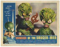 4f145 INVASION OF THE SAUCER MEN LC #1 '57 close up of cabbage head aliens holding wacky tool!