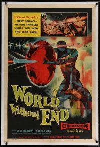 4f111 WORLD WITHOUT END linen 1sh '56 CinemaScope's first sci-fi thriller, incredible art!