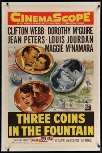 4g005 3 COINS IN THE FOUNTAIN linen 1sh '54 Clifton Webb, Dorothy McGuire, Jean Peters, Jourdan