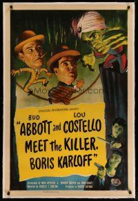 4g007 ABBOTT & COSTELLO MEET THE KILLER BORIS KARLOFF linen 1sh '49 wacky art of scared Bud & Lou!