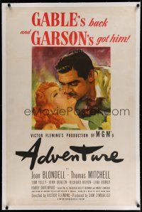 4g009 ADVENTURE linen style C 1sh '45 close up art of Clark Gable kissing pretty Greer Garson!