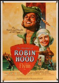 4g014 ADVENTURES OF ROBIN HOOD linen 1sh R89 Rodriguez art of Errol Flynn & Olivia De Havilland!