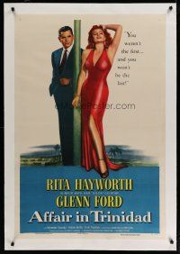 4g015 AFFAIR IN TRINIDAD linen style B 1sh '52 Rita Hayworth tells Glenn Ford he wasn't her first!