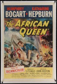 4g016 AFRICAN QUEEN linen 1sh '52 cool montage artwork of Humphrey Bogart & Katharine Hepburn!