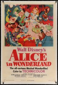 4g019 ALICE IN WONDERLAND linen 1sh '51 Walt Disney Lewis Carroll classic, wonderful art!