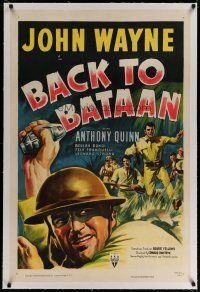 4g030 BACK TO BATAAN linen 1sh R50 art of John Wayne & Anthony Quinn in World War II!