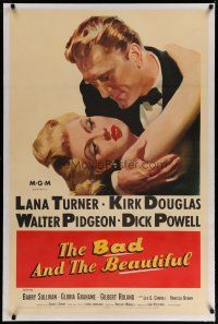 4g031 BAD & THE BEAUTIFUL linen 1sh '53 great c/u art of Kirk Douglas romancing sexy Lana Turner!