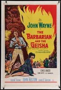 4g035 BARBARIAN & THE GEISHA linen 1sh '58 John Huston, art of John Wayne with torch & Eiko Ando!