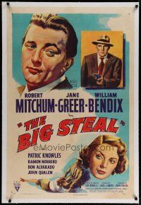 4g043 BIG STEAL linen 1sh '49 art of Robert Mitchum, Jane Greer & William Bendix with gun!
