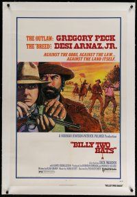 4g044 BILLY TWO HATS linen 1sh '74 cool art of outlaw cowboys Gregory Peck & Desi Arnaz Jr.!